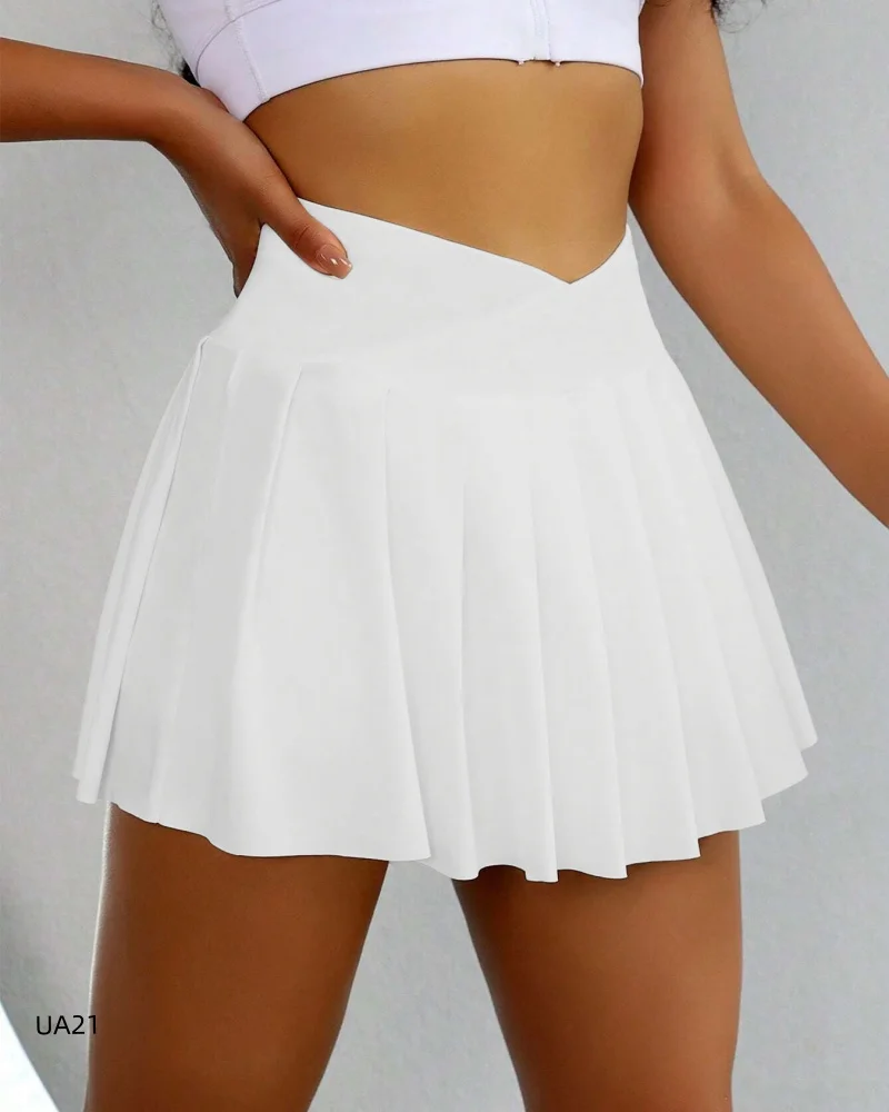 Women's Summer New Solid Color V High Waist Tennis Pleated Skirt Built-in Pocket Quick-drying Sports Running Fitness Skirt