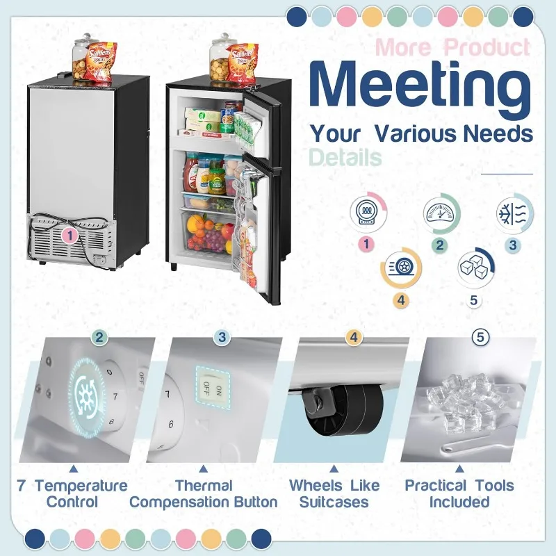 Mini Fridge with Freezer, 3.5 Cu.Ft 2 Door Design, Small Refrigerator with Large Capacity, Equipped with Quieter Compressor