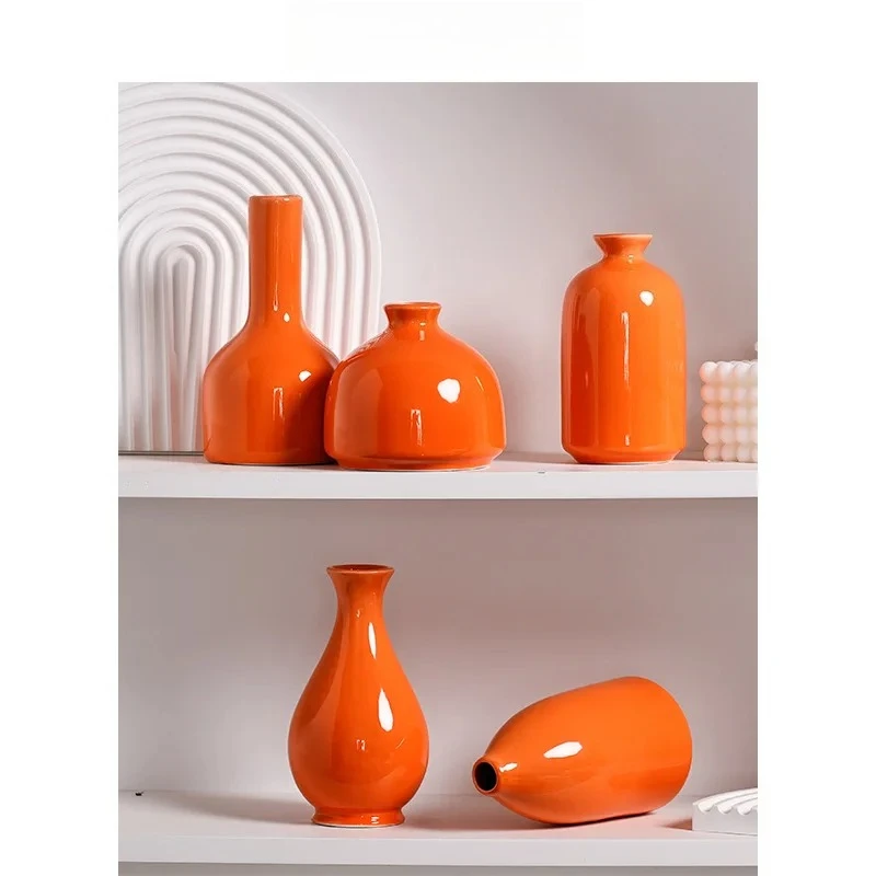 Modern Ceramic Vase with Minimalist Design, Dried Flower Vase, New Chinese Style Ceramic Vase, Luxury Home Decor Orange Ceramic
