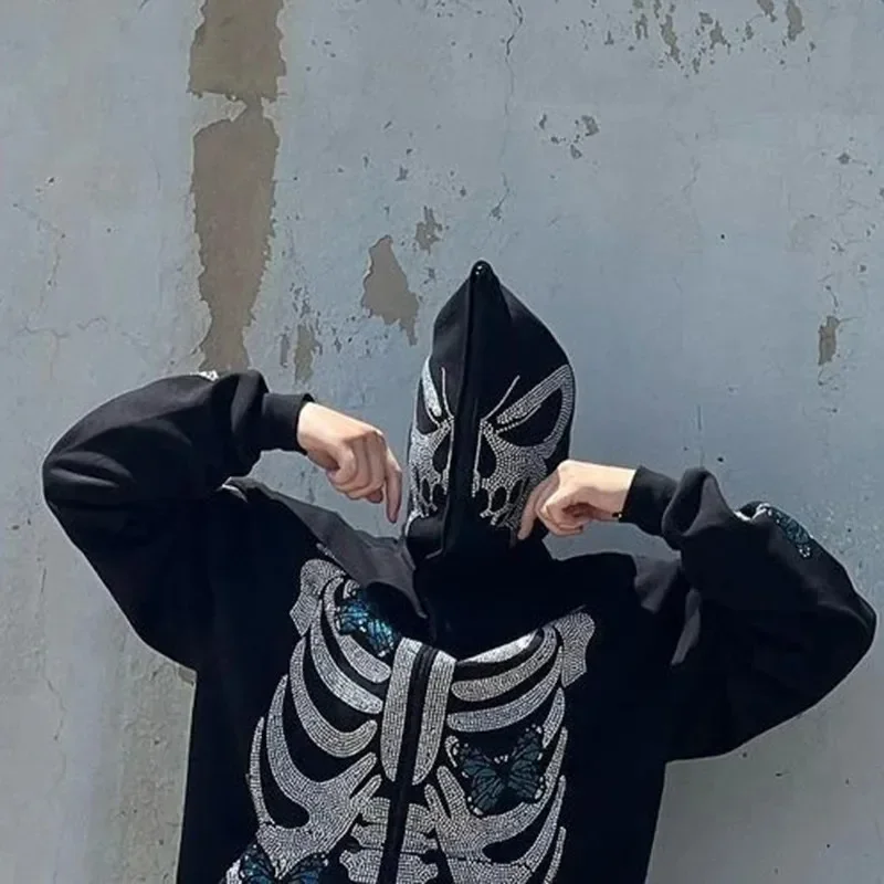 Y2K Men\'s Spring and Autumn Gothic rhinestone Sweatshirt Hoodie Halloween Skull Clothing Hip Hop Grunge Large Sweater Coat 