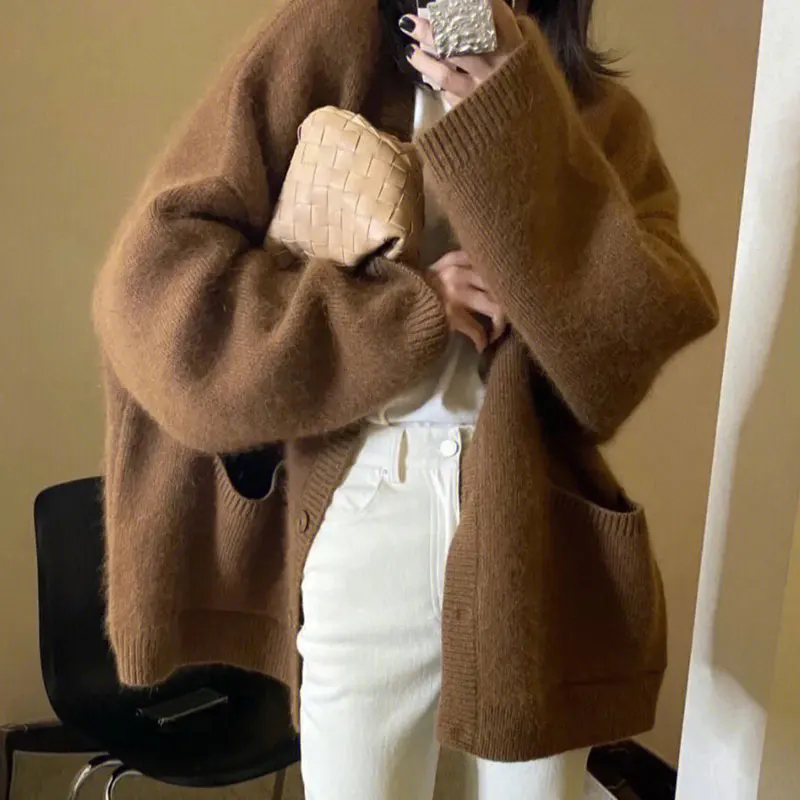 Chic Retro High-End Feeling V-Ne Bottone singolo Allentato Grande ket Caldo maglione cardigan aperto lavorato a maglia Jaet per donna