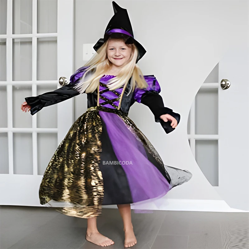 Halloween Girls Witch Party Dress Gothic Ghost Costume Gown Robe Tutu Dress Witch Hat for Purim Carnival Party