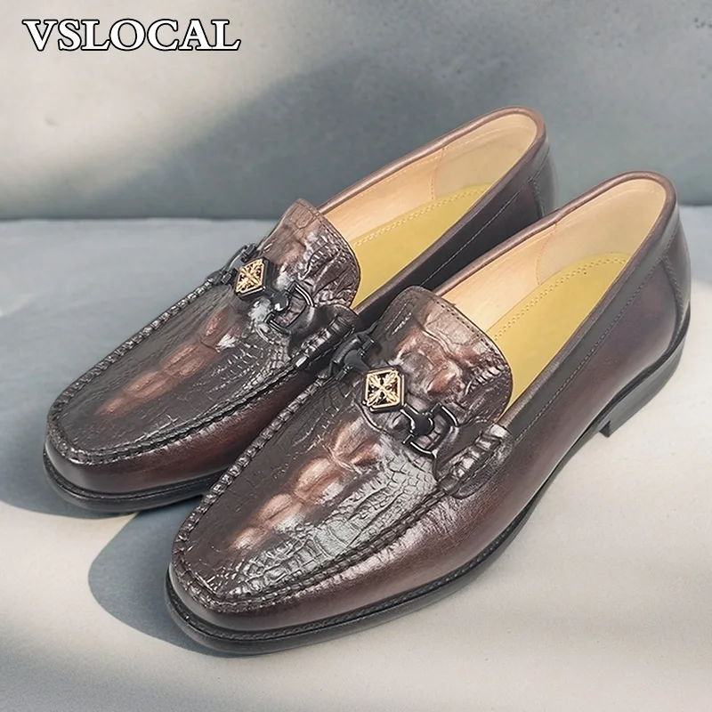 

Luxury Men Leather Shoes Coffee Slip On Croco Prints Casual Dress Shoes Man Wedding Office Business Horsebit Loafers Men