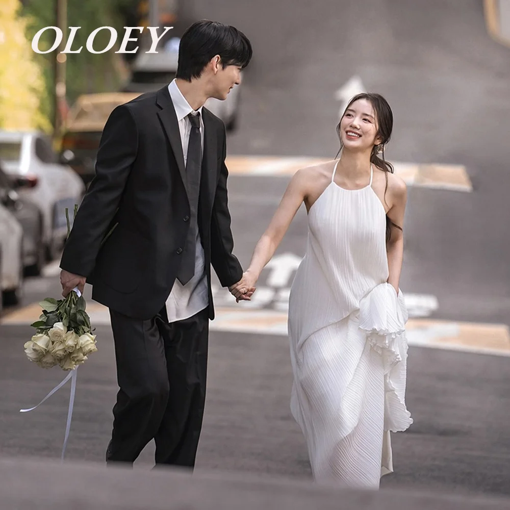

OLOEY Elegant Halter A Line Wedding Dresses Pleats Sleeveless Bridal Gowns Korea Photos Shoot Floor Length Customized Zip Back