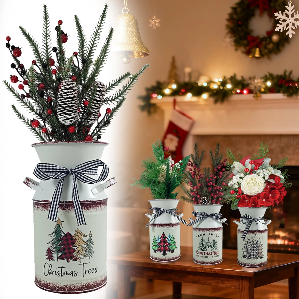 

1PC Christmas Vintage Metal Flower Pot Milk Pitcher Shape Bucket for Home Office Garden Arrangement Container Decorative Planter