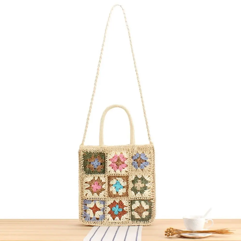 

Large Capacity Bohemian Hand-knitted Bag Splicing Handmade Woven Straw Handbag Crochet Flower Portable