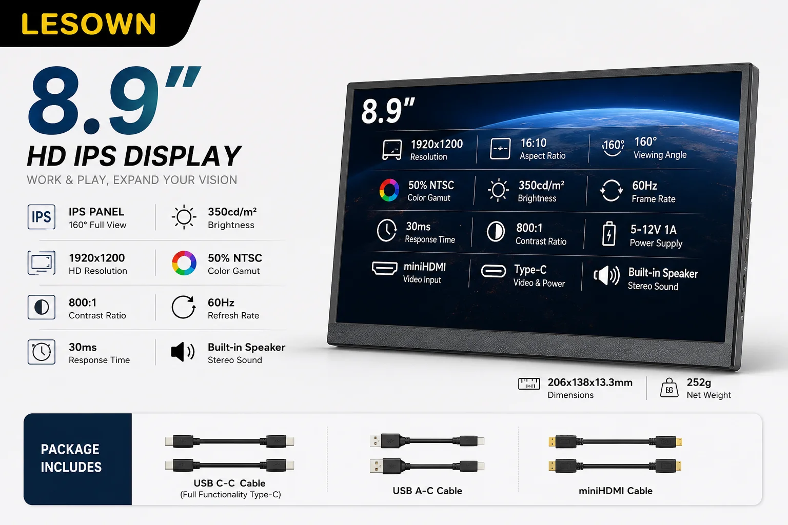 LESOWN 8.9inch Desktop Modding Sub-screen 1920x1200 Matte Black External Display with Speakers for PC Temp Output Rig