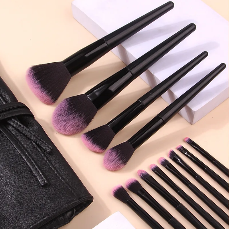 Iniciante PU Makeup Brush Set, sombra, Blush, pó, corretivo, marcador, pacote completo, 12