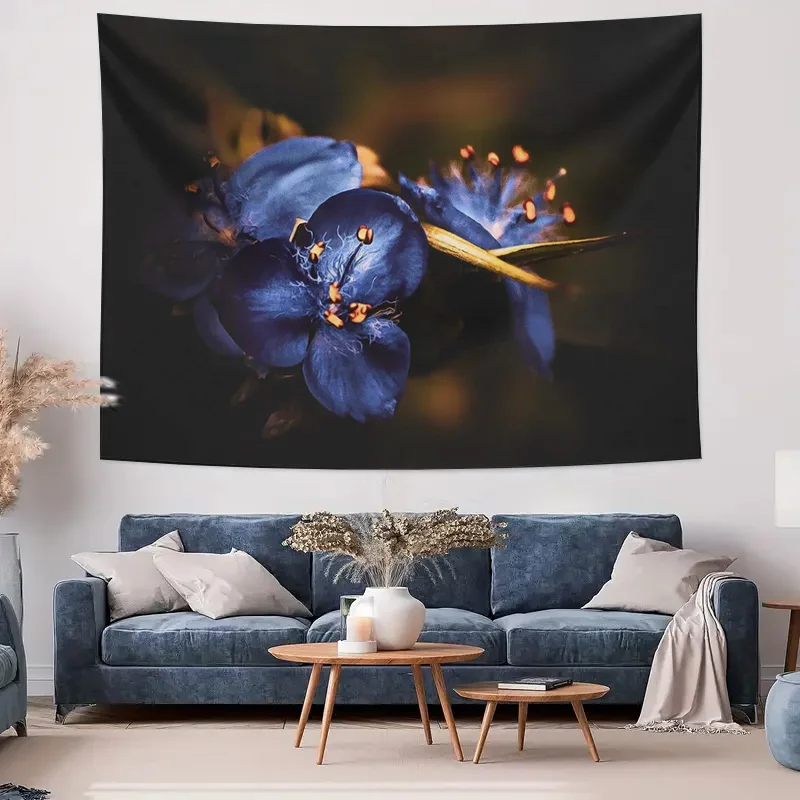 Vivid Blue Floral Macro Photography Tapestry with Golden Stamen on Dark Background Machine Washable All Season Decor Home