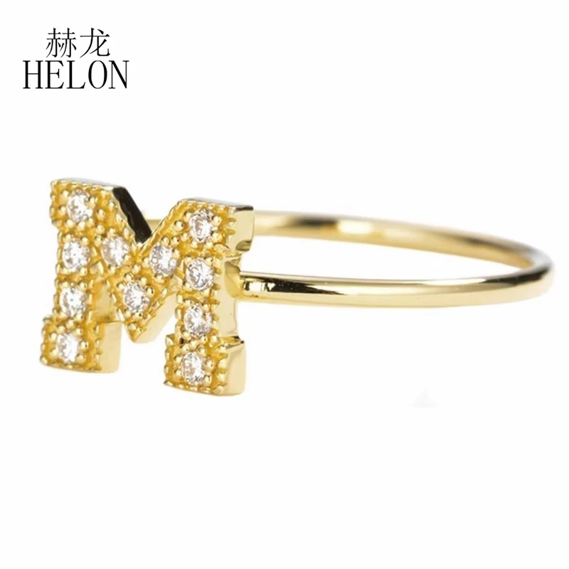 HELON Solid 14K Yellow Gold Natural Diamond Custom Letter Ring Letter M Diamond Ring Women Men Wedding Trendy Fine Jewelry Gift