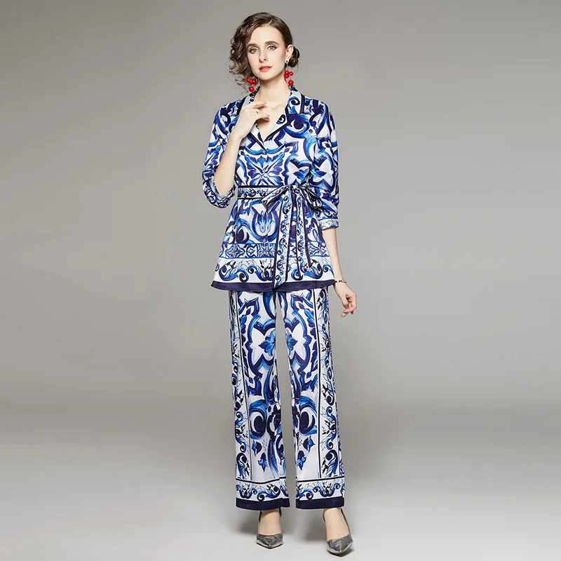 Blouse Shirt Coat + Wide Leg High Waist Pant Women Autumn Suit Fashion Female Trousers Sets 2 Pieces Sets Women Loose Clothing