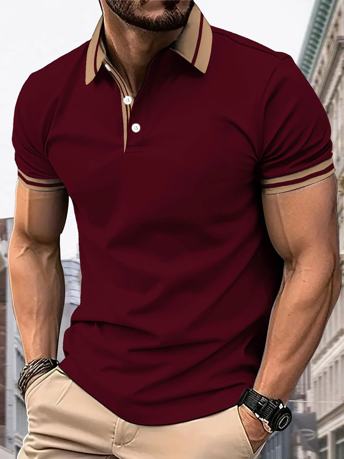New men's casual lapel polo fashionable digital print design lapel button design can be machine washed