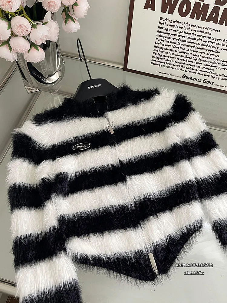 Preppy Style Contrasting Colors Striped Pullovers O-Neck Chic 2000s Aesthetic Plush Elegant Sweater Jumper 2023 Autumn Winter