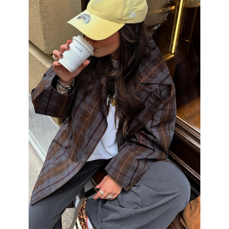 Ladies Lapel Collar Checkered Short Trench Jacket Waist Tie Belt Raglan Sleeve Double Breasted Elegant Daily Outer Garment 2026