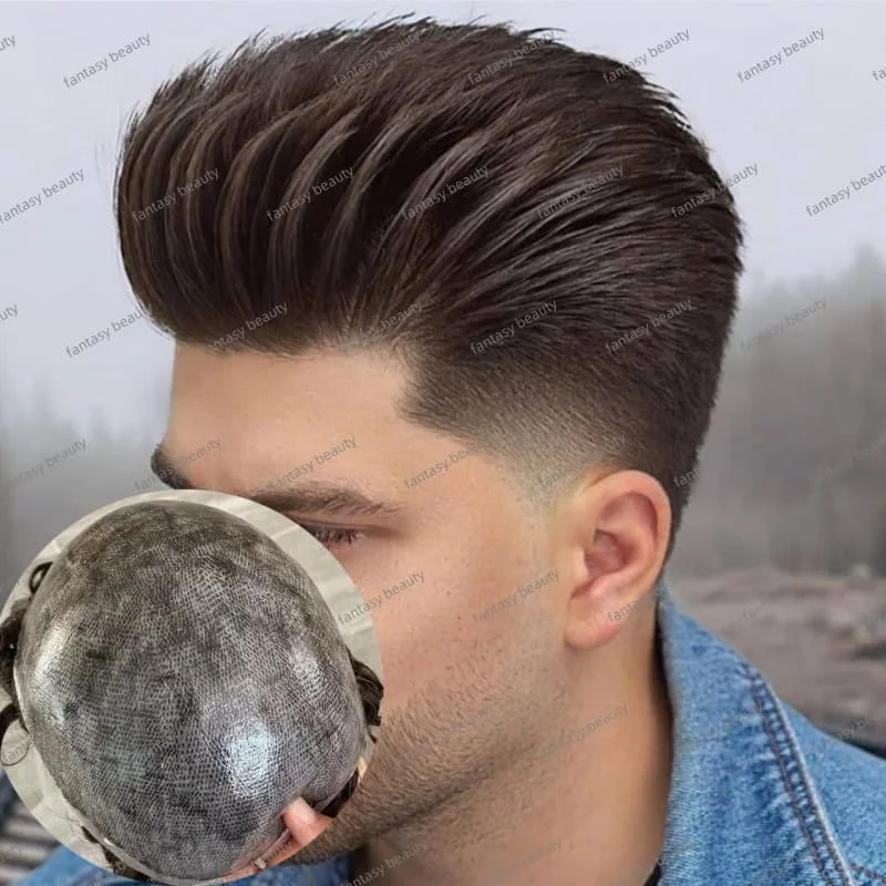 عالية الجودة 0.1 مللي متر مزدوجة عقدة شعر مستعار للرجال سوبر كامل بو الشعر المستعار للرجال 100% رجل الإنسان الأوروبي استبدال الشعر هيربيسي