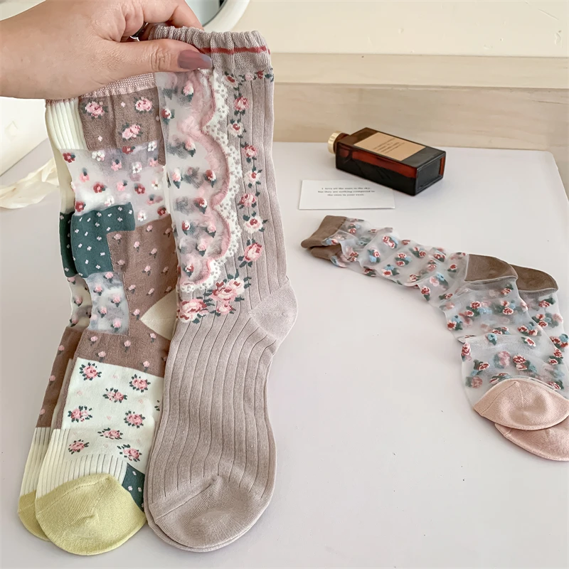 Fashion Woman Socks Retro Girls Summer New Thin Flower Socks Mixed-color Sweet Long Casual Transparent Socks Cute Spring Comfort