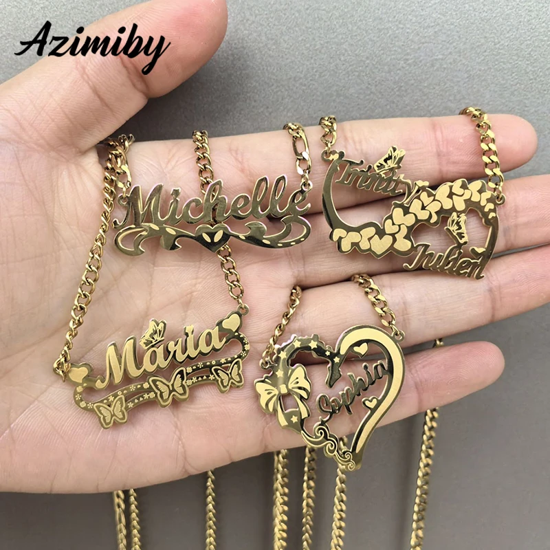 Azimiby Customized Laser Marked Name Necklace Stainless Steel Nameplate Cuban Chain Pendant Necklaces For Women Jewelry Gifts