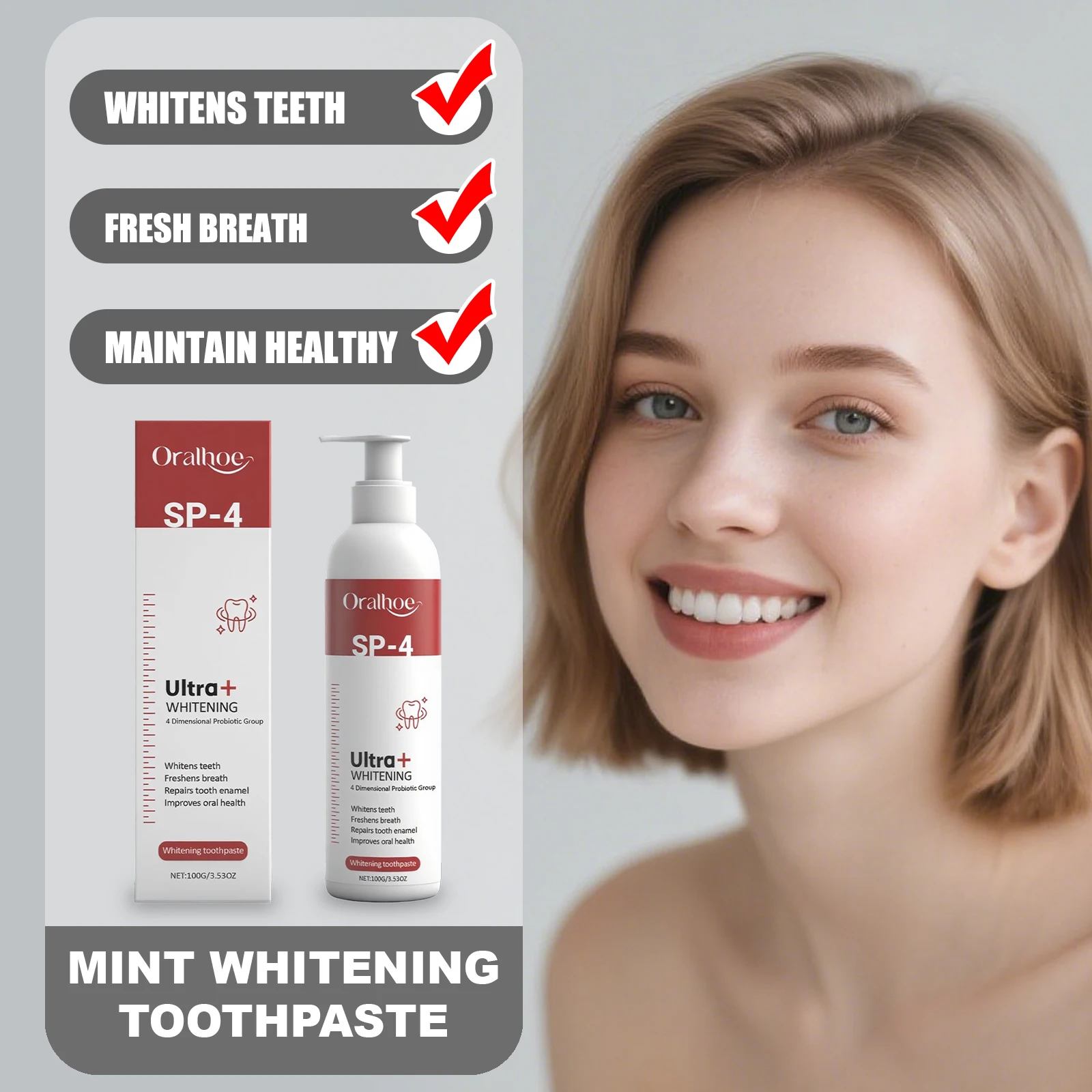 ORALHOE Whitening Toothpaste Mint Formula Fresh Breath Quick Whitens Teeth Strengthens Teeth Prevents Tooth Decay Deep Cleaning