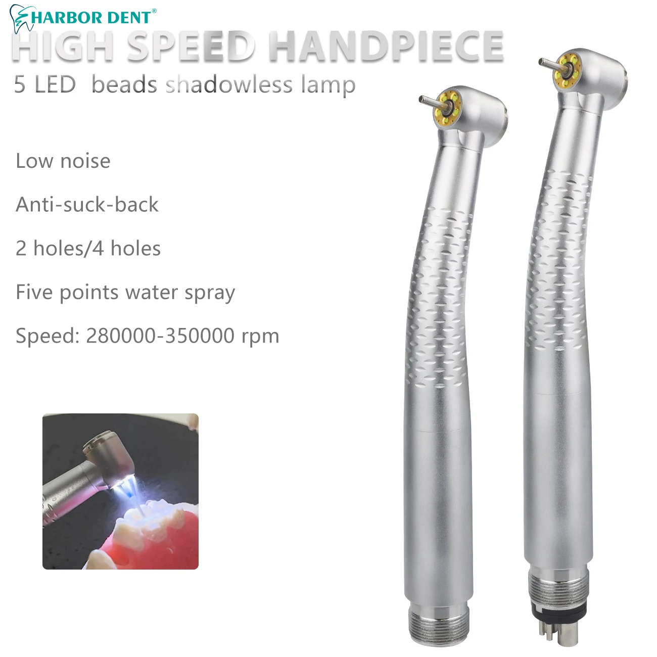 Handpiece gigi kecepatan tinggi, dengan 5 manik-manik LED lampu tanpa bayangan ujung dokter gigi 2/4 lubang 5 peralatan semprot air genggam kedokteran gigi