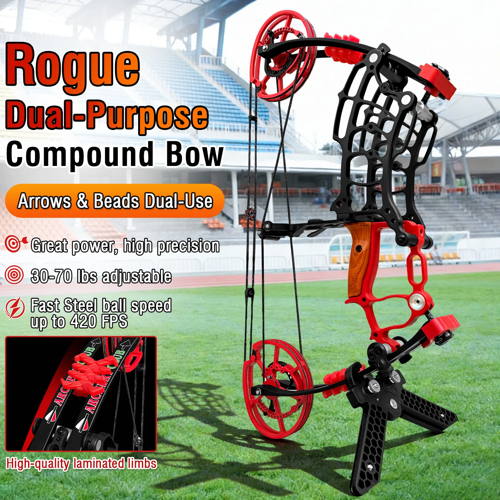 

Archery Compound Bow Kit, Arrows & Steel Balls Dua Use Beginners Bow,30-70LBS Draw Weight, Short 19" Axle CNC Metal Frame,