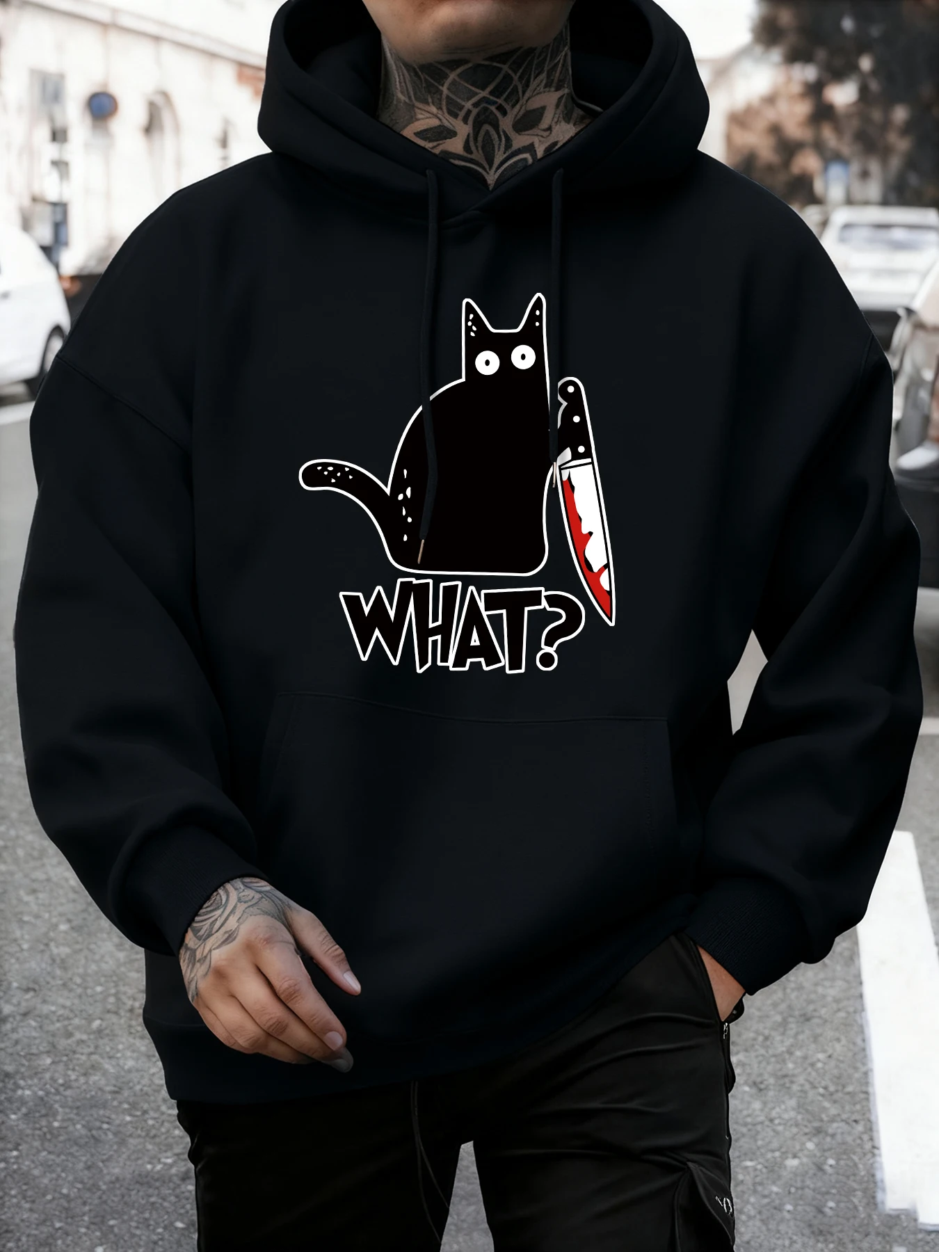 

Маленький черный кот с ножом, мужская толстовка, повседневный пуловер, свободная модная универсальная толстовка с капюшоном, осенняя флисовая уличная одежда унисекс