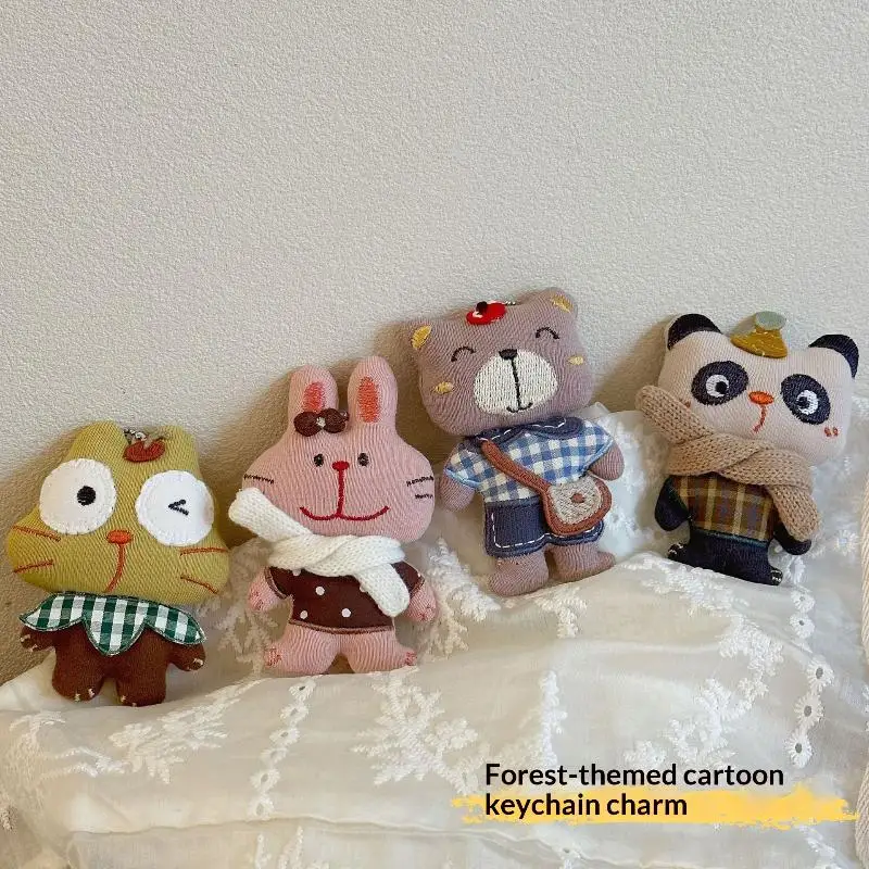 Forest Style Cloth Animal Plush Keychain Cute Rabbit Cat Panda Bear Fabric Doll Bag Pendant Car Keychain Backpack Hanging Decor