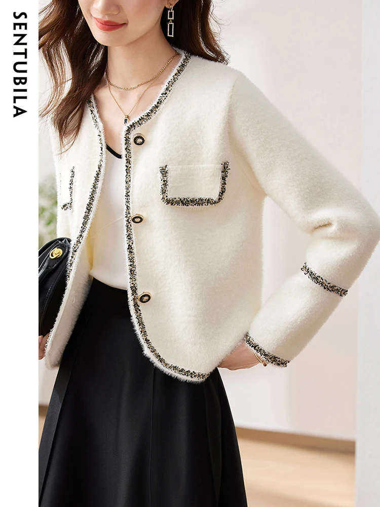 

SENTUBILA Spring Cropeed Tweed Jacket Woman 2024 Office Lady Elegant O-neck White Long Sleeve Coat Overcoat Female OW31W48726