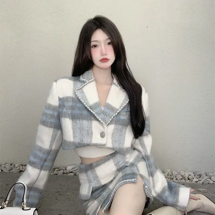 

Plaid Woolen Coat High-Waisted Skirt Two-Piece Set Women 2024 Autumn Winter New Style Small Fragrant Style Suit