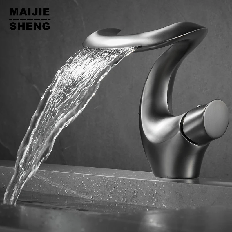 

Bathroom Faucet Basin Hot And Cold Water Mixer Vanity Tap Gun Grey Finish Deck Mount Sink Mixer Waterfall Washbasin