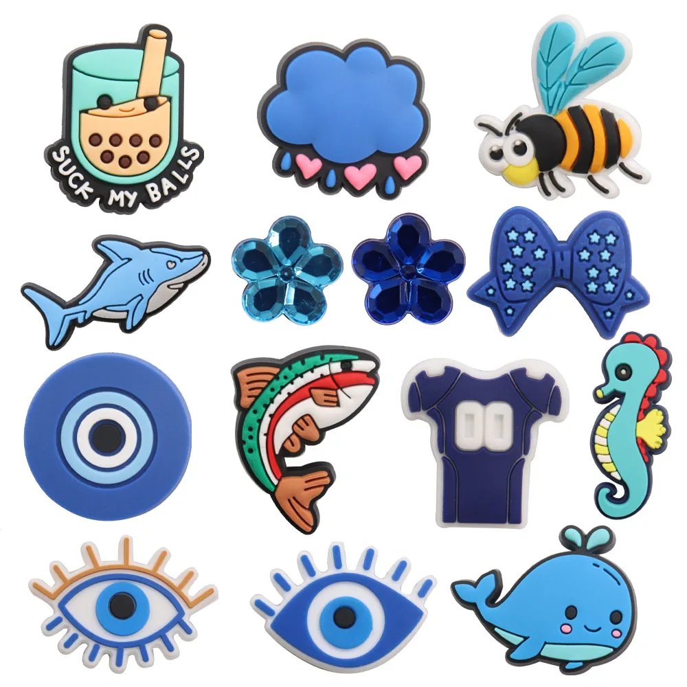 Single Sale 1pcs PVC Milk Tea Cloud Shark Bow Eye Shoe Charms Blue Decoration Clogs Pins Buckle Accessories Backpack Xmas Gifts