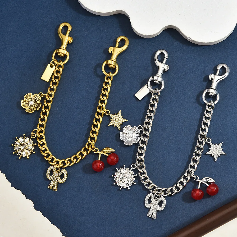 Chunky Purse Chain Charm Alloy Link Extender Double Lobster Clasps Rhinestone Cherry Bow Pendant Decorative Bag Strap Accessory