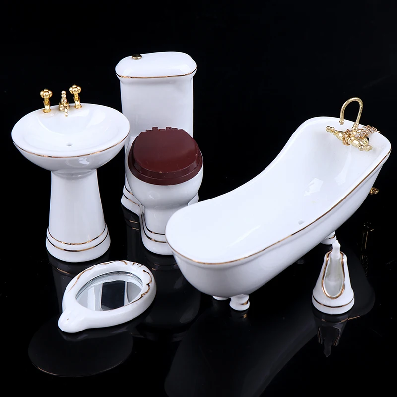 5Pcs 1:12 Dollhouse Miniature Porcelain Bathroom Set Toilet Basin Bathtub Mirror