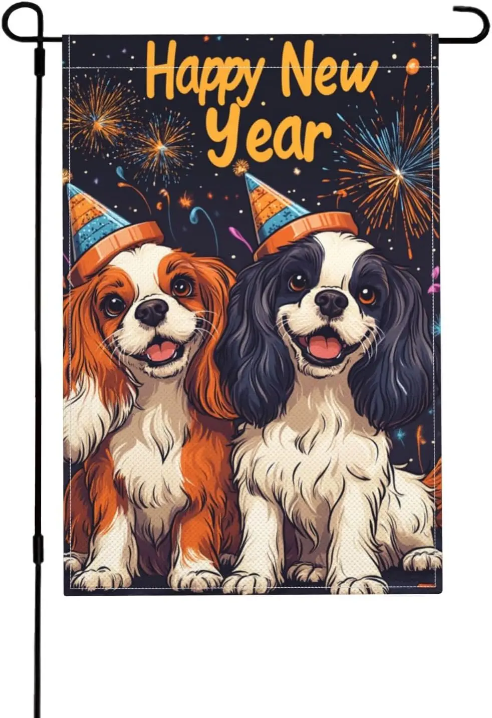 Happy New Year Cavalier King Charles Spaniel Dog Welcome Winter Garden Flag 12x18 Double sided Flag Outdoor Yard Home Decor Gift