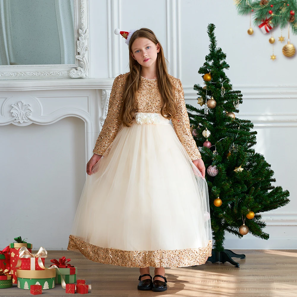 Sequin Christmas Girls Party Dress Long Sleeve Children Clothes Elegant Flower Princess Tulle Gown Kids Birthday Wedding Dresses