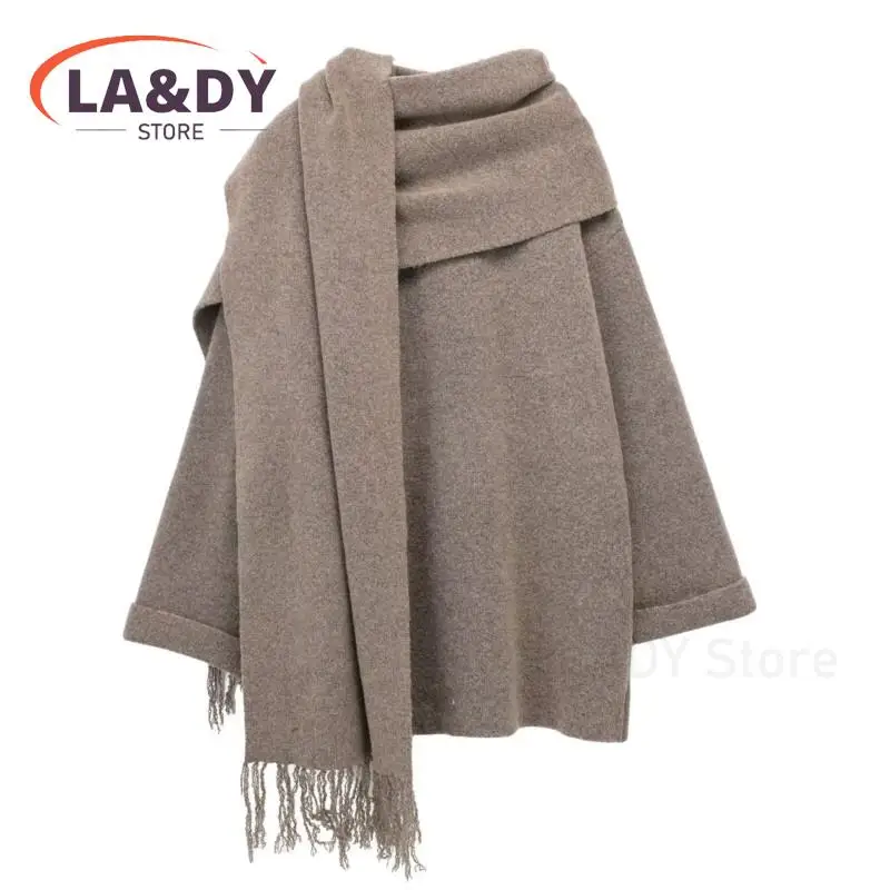 High Quality 2024 Winter Women Fashion Loose With Scarf Knit Jacket Coats Female Solid Color Casual Long Sleeve Pocket Outerwear