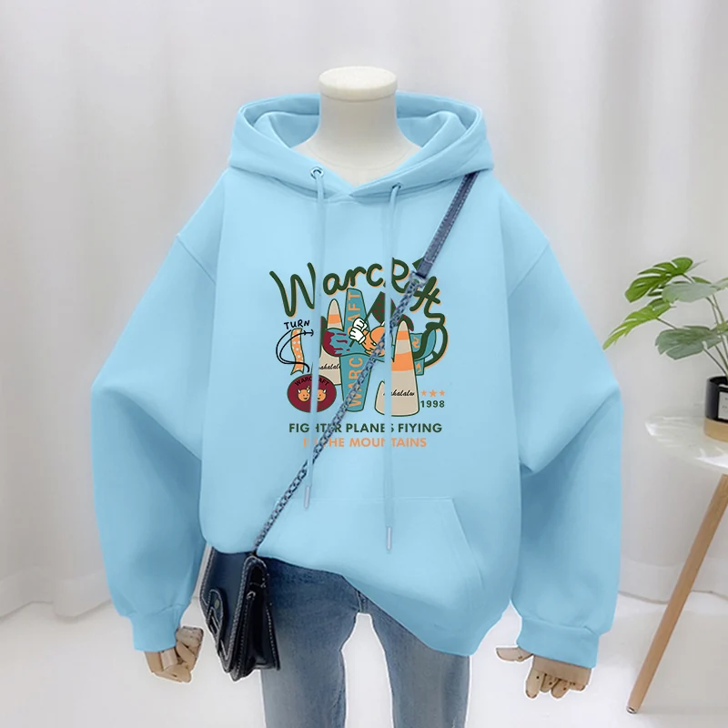 Autumn Winter Women Clothing Vintage Loose Casual Cotton Sweatshirts Cartoon Printed O-neck Top Pullovers Y2K Pocket Hoodies