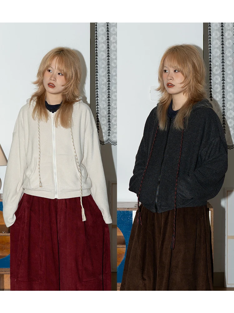 

Ретро-японская толстовка на молнии с капюшоном, короткая, из пушистого бархата, приятная к телу, женская модная верхняя одежда
