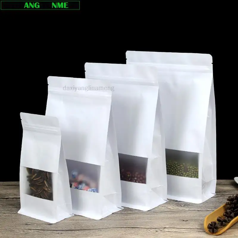 50pcs/lot 6sizes White Paper Packaging Bag Frosted Window Stand Up Side Gusset Zipper Packing Bags Zipper Lock Retailer Package