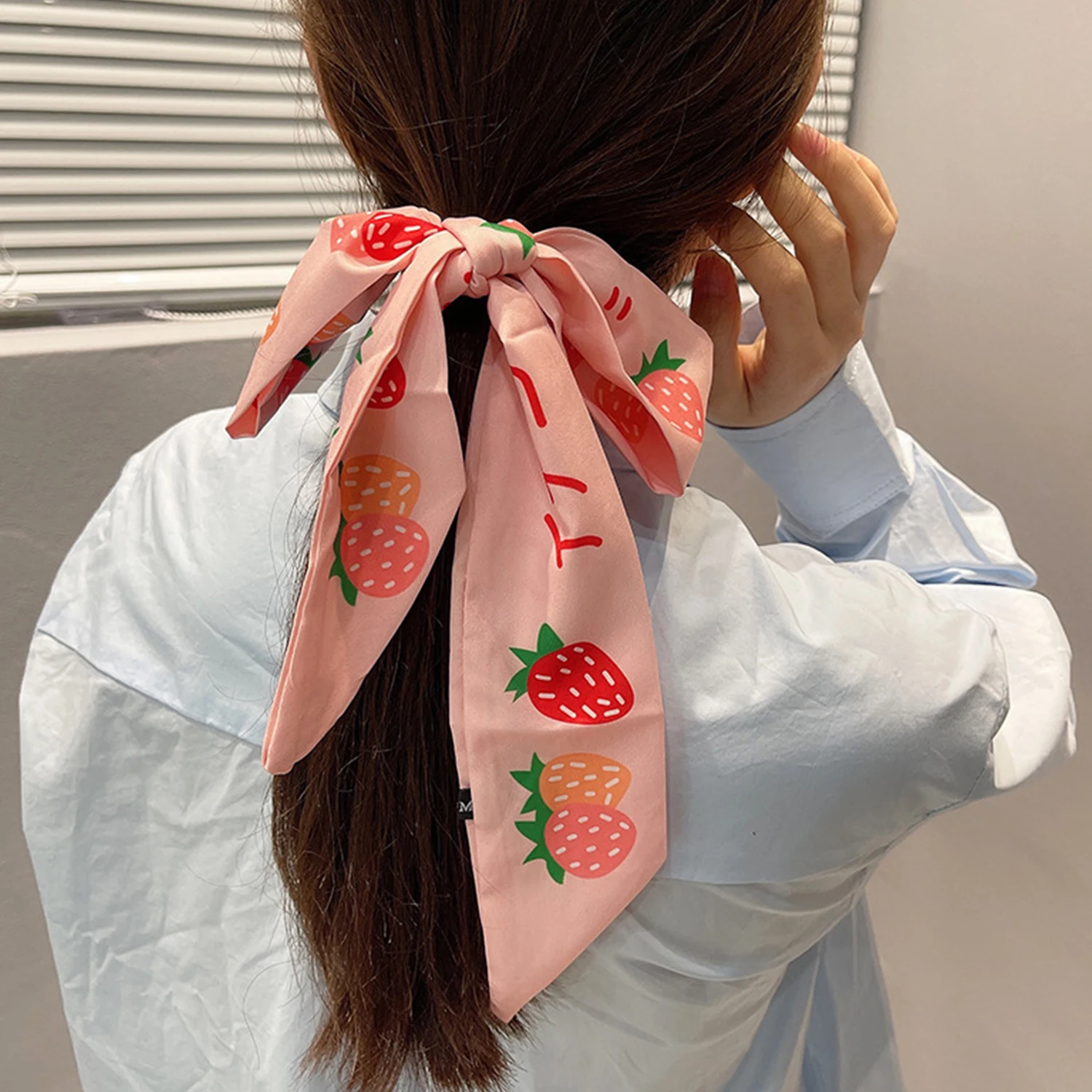 Decorate Headscarf Fruit Print Long Scarf Ribbon Korean Style Scarves Hair Band Satin Silk Scarf Female Printed Scarf Hair Tie