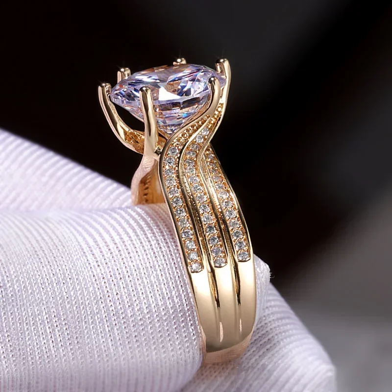 Gorgeous Solitaire 12MM Cubic Zirconia Bridal Wedding Rings Gold Color Engagement Party Brilliant Women Fashion Jewelry