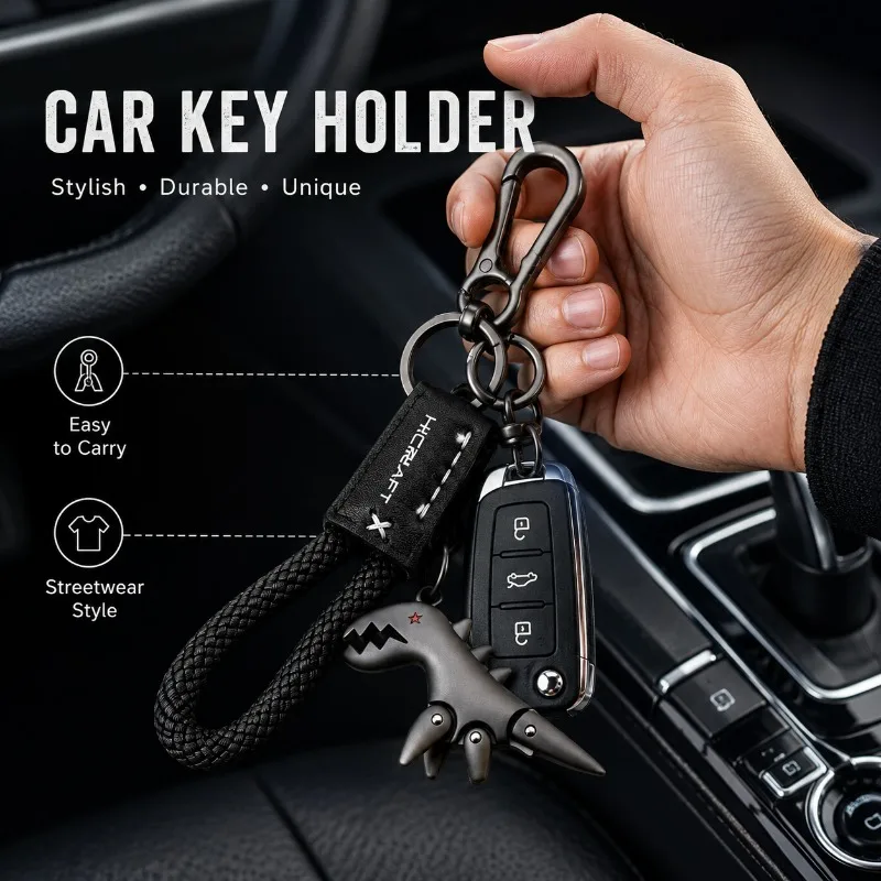1/3/5PCS Dinosaur Keychain with Movable Joints Metal Charm Braided Rope Wrist Loop Car Key Holder Key Ring for Men Boys Gift