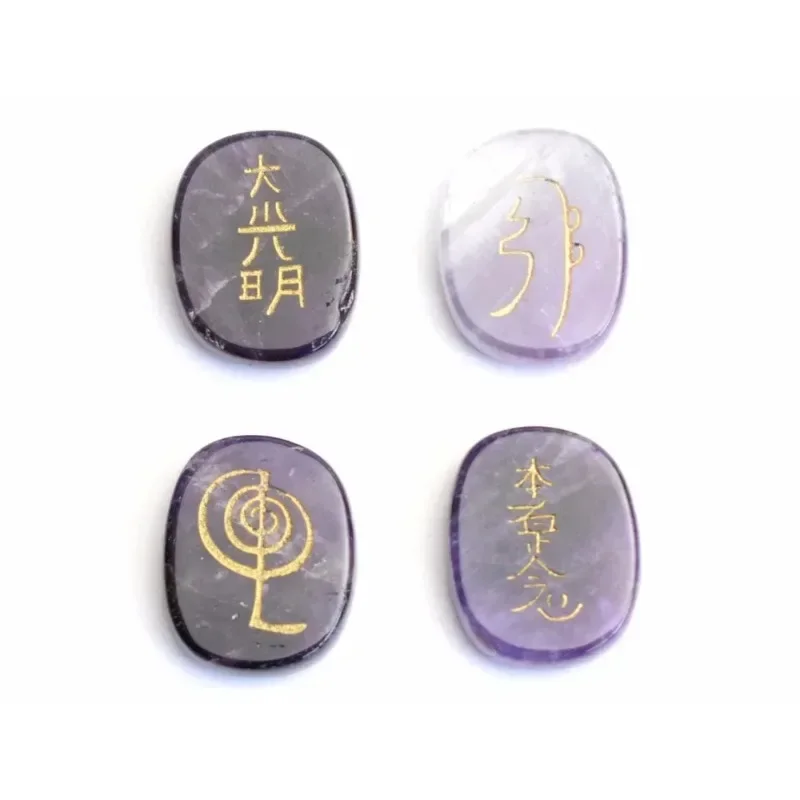 4 Pieces Natural Chakra Semi-precious Stone Quartz Lapis Obsidian Crystal Reiki Healing Balance Usui Symbols Set