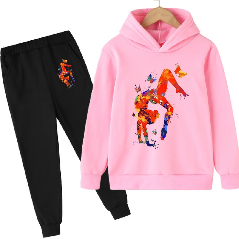 New Watercolor Gymnastics Art Print Cute Sweatshirts Set Girls GYM Lover Birthday Gift Clothes Kids Hooodie Pants + Hoodie Pink