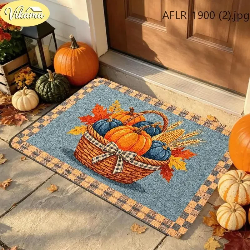 VIKAMA Buffalo Check Pumpkin Autumn Doormat Indoor Outdoor Thanksgiving Decorative Doormat Non Slip Entryway Rug Washable