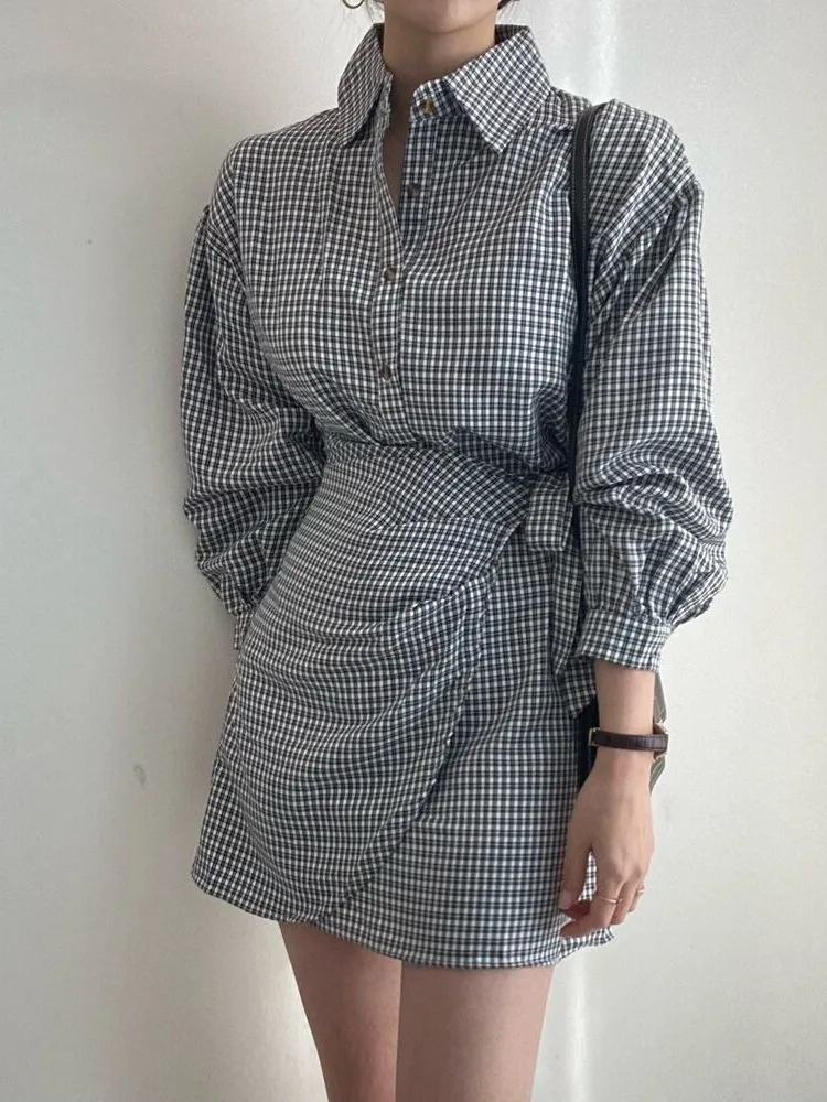 Frühling Herbst Plaid Kragen irt Dr Frauen Design Sinn Taille-Cinching Gürtel Lange Sve Unregelmäßigen Dr