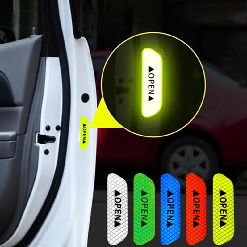 4pcs Safety Stickers Warning Signs Car Door Handle Warning Mark Tape Reflective Light Reflector Strip Anti-collision Decals