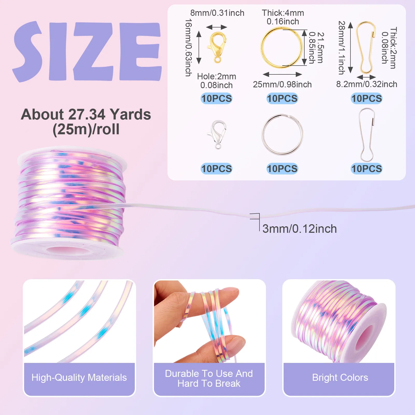 3mm Flat PVC Laser Cord for DIY Key Chain Jewelry Making Kits with Iron Split Key Rings & Key Clasp Alloy Lobster Claw Clasps