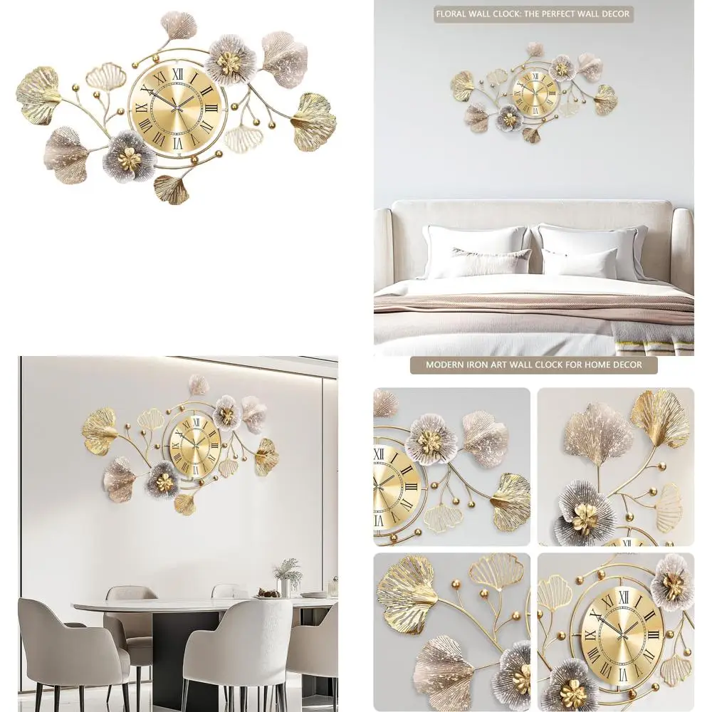 

Часы для гостиной, большие настенные часы, 3D бесшумные настенные часы, ретро-дизайн с металлическими листьями гинкго, для декора спальни и кухни