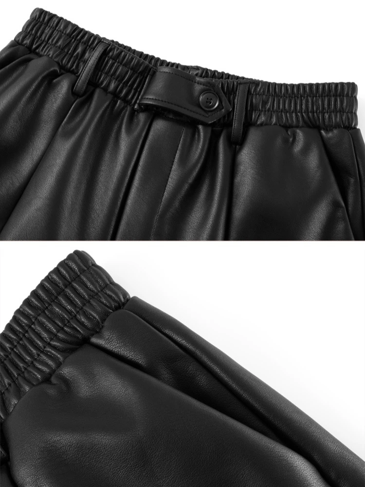 2026 ربيع وصيف جديد عالية الخصر بولي Leather السراويل الجلدية المرأة عادية فضفاض مرونة الخصر ألف خط واسعة الساق التخسيس التمهيد السراويل #5