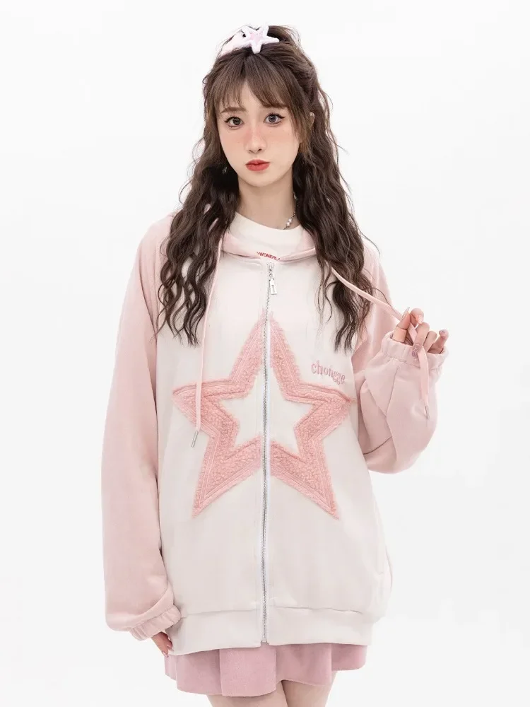 ADAgirl Kawaii Zip Up Hoodies Sweet Star Pattern Oversized Raglan Sleeve Sweatshirts for Women Cutecore Fashion Aesthetic Tops